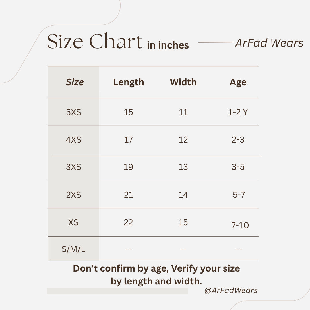 Size chart for children's clothing by ArFad Wears with measurements in inches and age range.